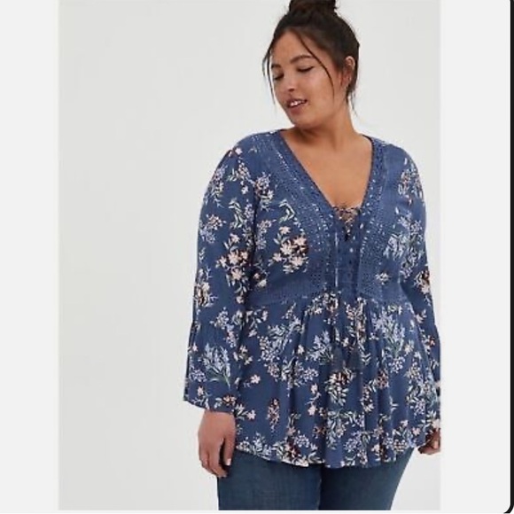 torrid Tops - Torrid Floral Babydoll Gauze Crochet Trim Lace-Up Top Size 1X